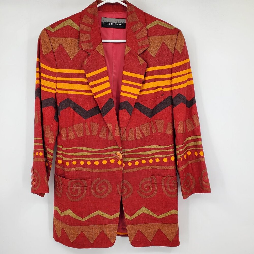 Red Patterned Single-Button Blazer Jacket - Picture 3 of 15
